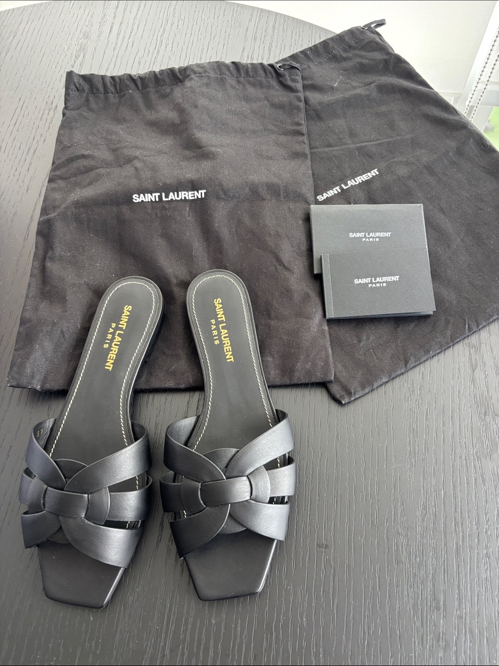 Saint Laurent Black Woven Leather Tribute Slides Mules Sandals NWT EU 37